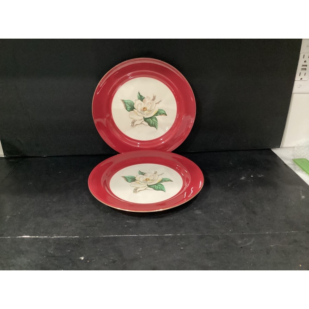 Vintage Homer Laughlin Lifetime China Burgundy 2 Magnolia Dinner Plates 10 1/4"